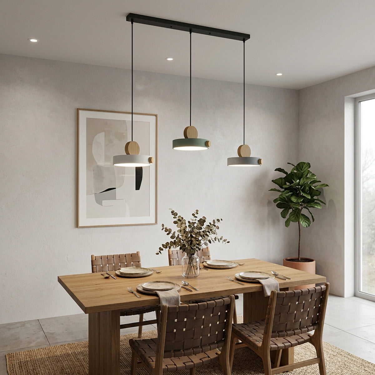 Nordic Circular Disc Iron & Wood Pendant Lights for Dining Area