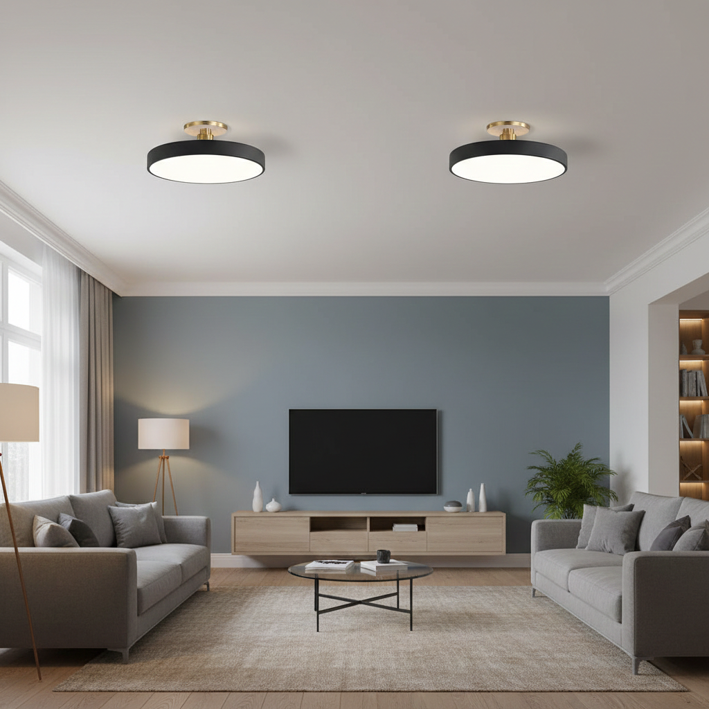 Modern LED Black Circular Semi Flush Ceiling Lights for Living Room