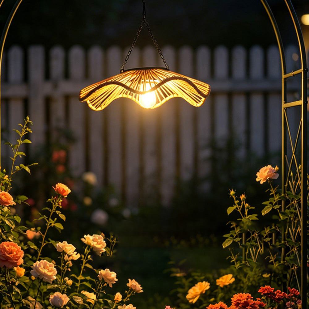Outdoor Solar Wavy Woven Rattan Pendant Light for Patio Garden Gazebo