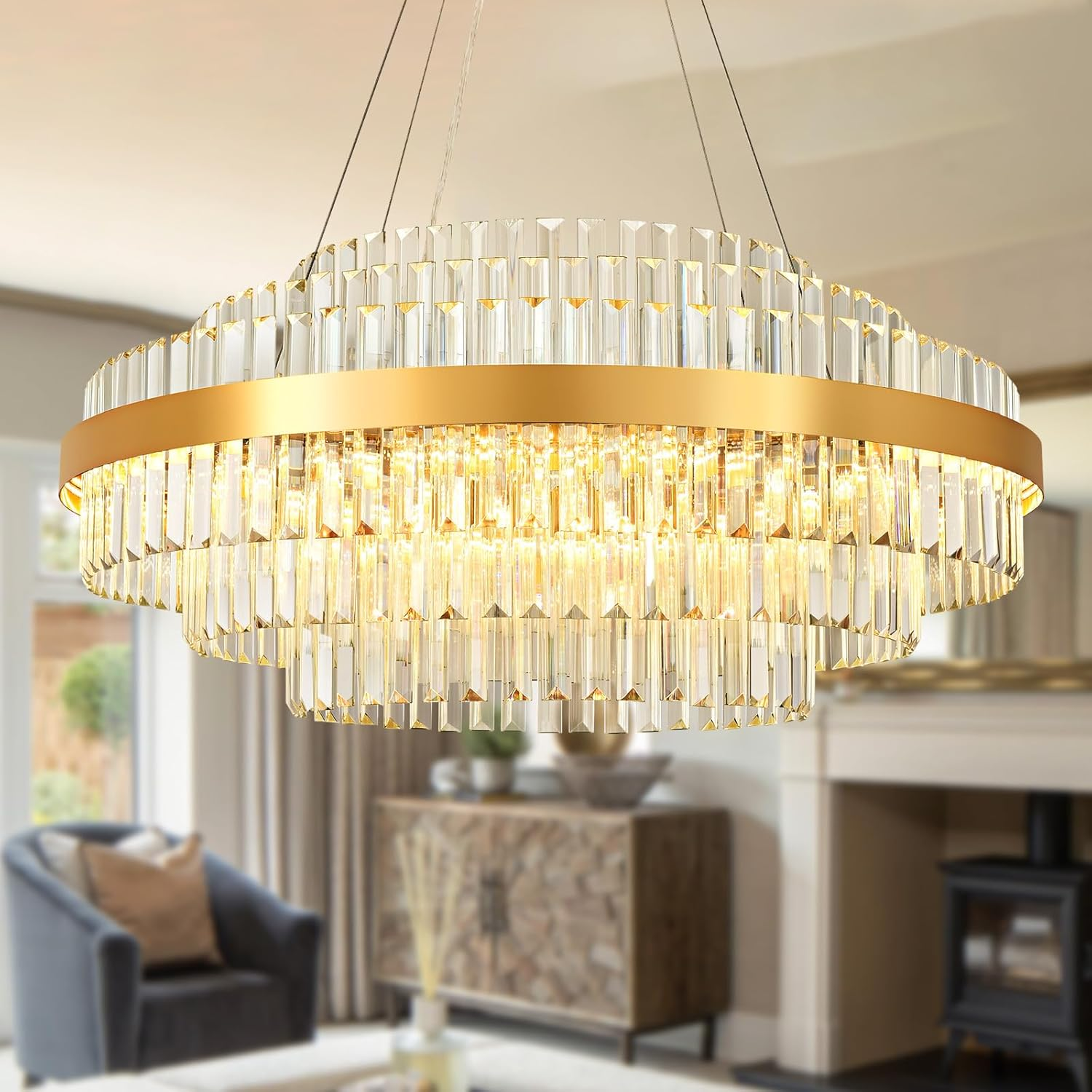 Modern Tiered Crystal LED Chandelier Luxury Hanging Lamp for Living Room Dining Room