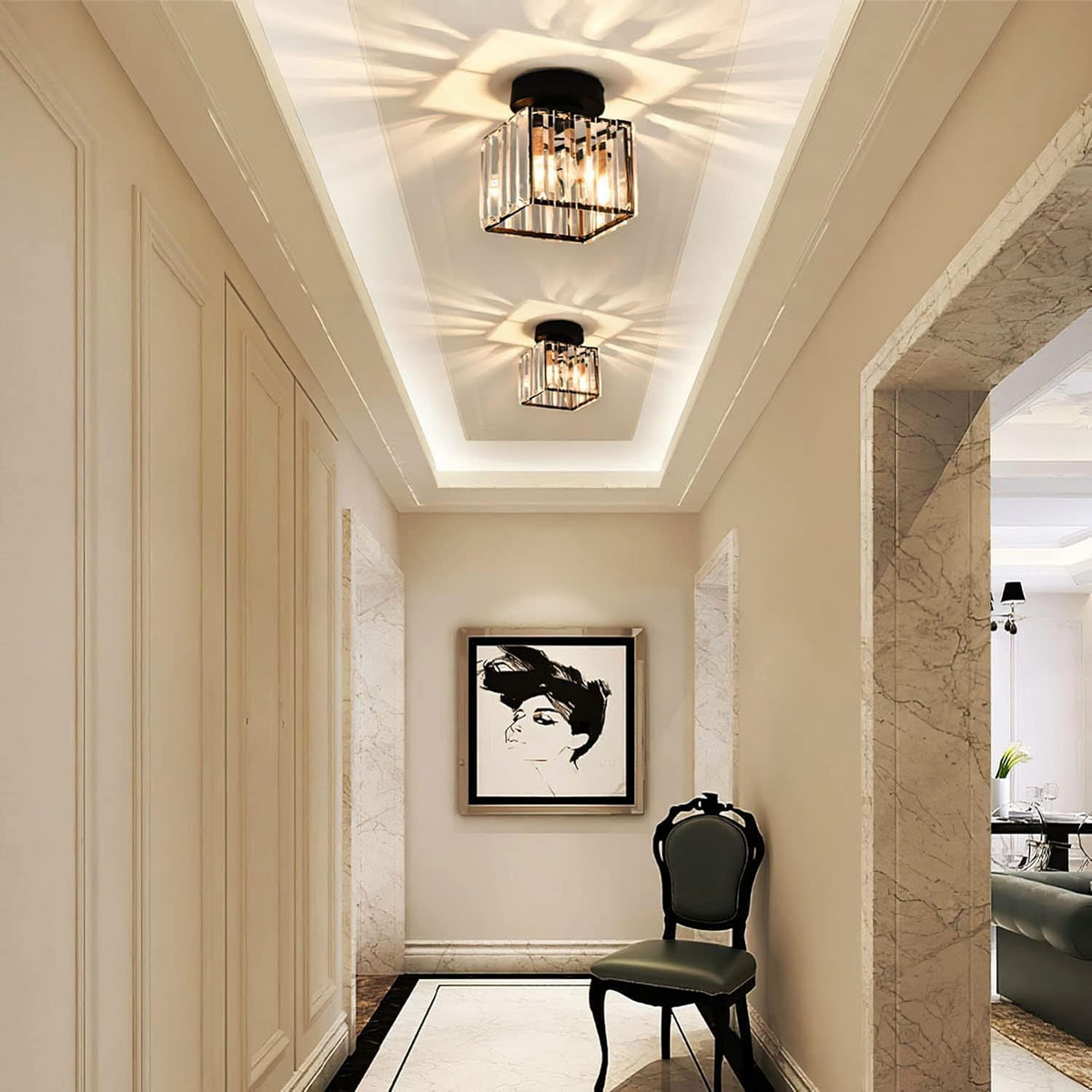 Set of 2 Crystal Hallway Semi Flush Mount Ceiling Light