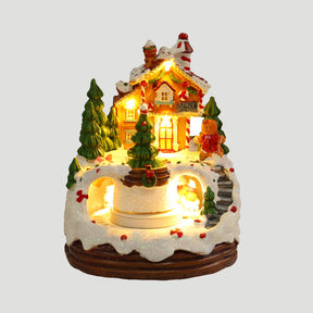 Warm Village House Resin Christmas Lightings With Music Box And Motorized Train