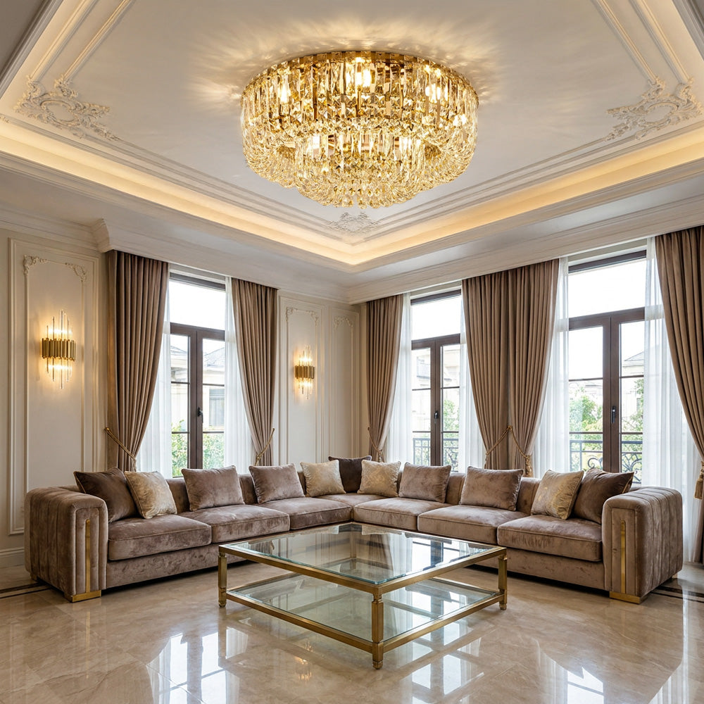Luxury Multi-Tier Crystal Gold Flush Mount Ceiling Light for Living Room