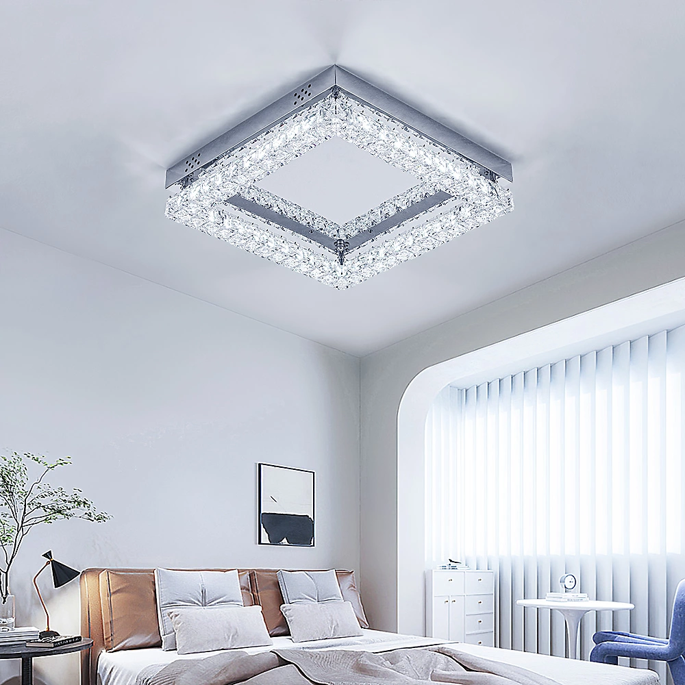 Square Crystal Ceiling Light - Chrome LED Flush Ceiling Lamp for Living Room, Bedroom