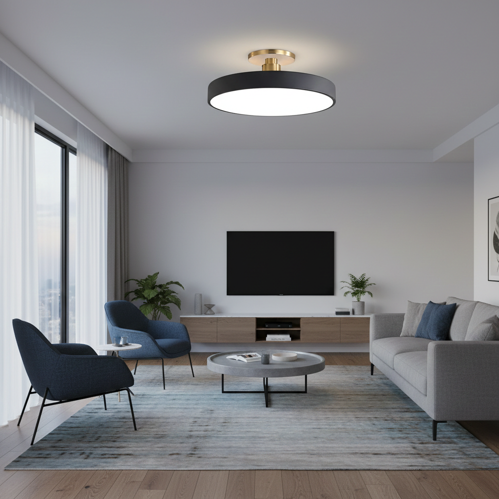 Modern LED Black Circular Semi Flush Ceiling Lights for Living Room