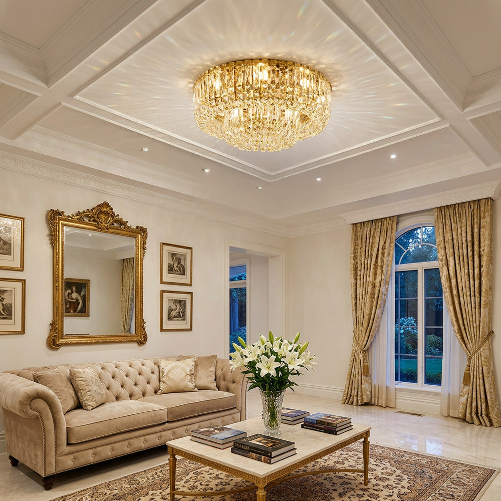 Luxury Multi-Tier Crystal Gold Flush Mount Ceiling Light for Living Room