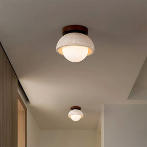 Nordic Style Travertine Stone & Walnut Wood Ceiling Light For Hallway