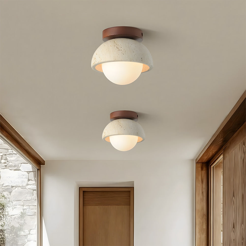 Nordic Style Travertine Stone & Walnut Wood Ceiling Light For Hallway