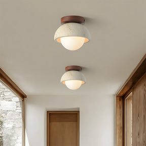 Nordic Style Travertine Stone & Walnut Wood Ceiling Light For Hallway