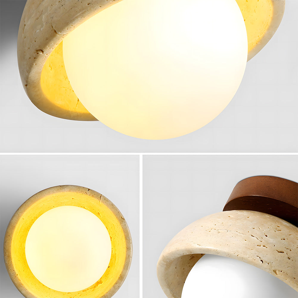 Nordic Style Travertine Stone & Walnut Wood Ceiling Light For Hallway