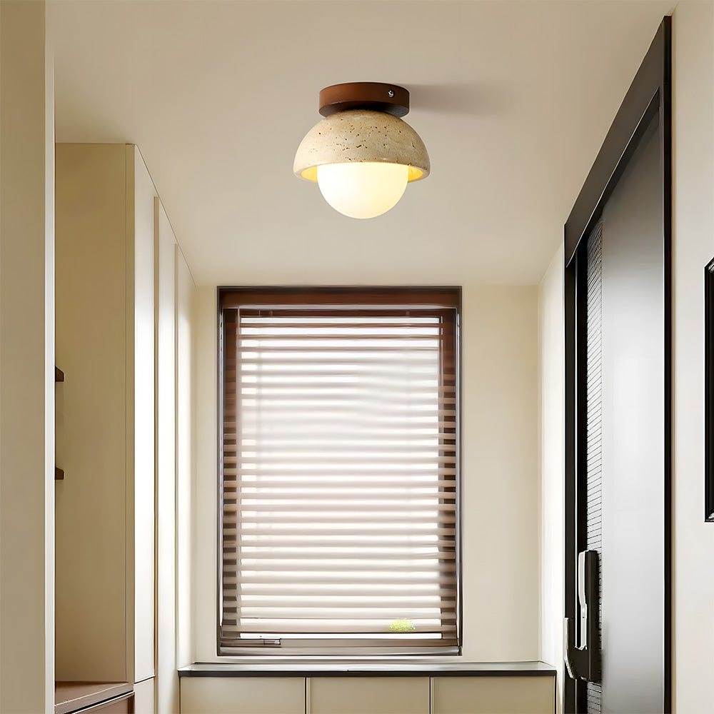 Nordic Style Travertine Stone & Walnut Wood Ceiling Light For Hallway
