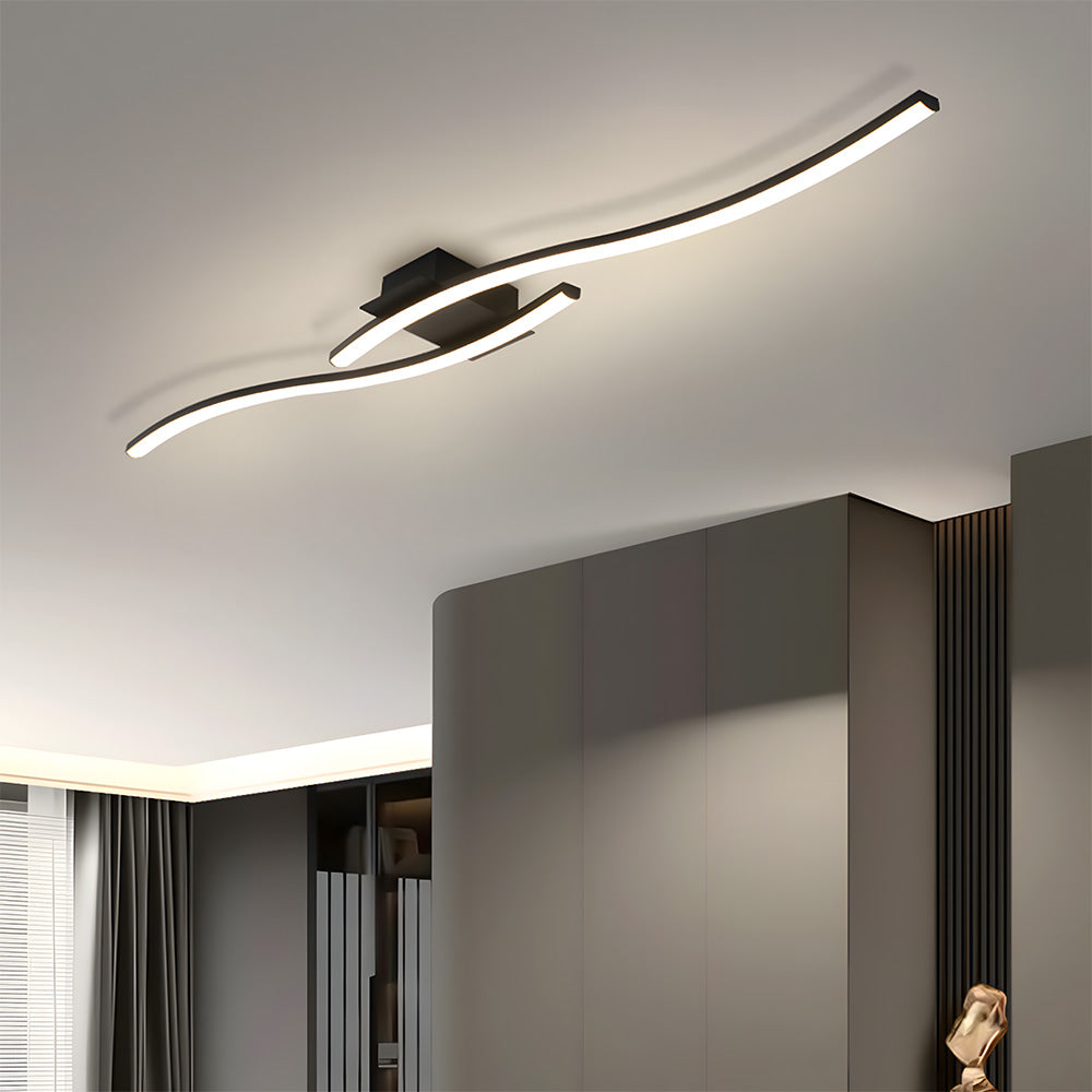 Modern Black Linear Flush Mount Wave LED Ceiling Lights for Bedroom