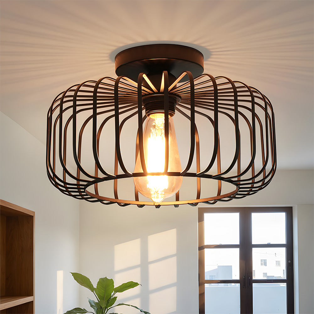 Industrial Black Semi Flush Ceiling Light Fixture, Metal Cage Lampshade Ceiling Hall Lighting
