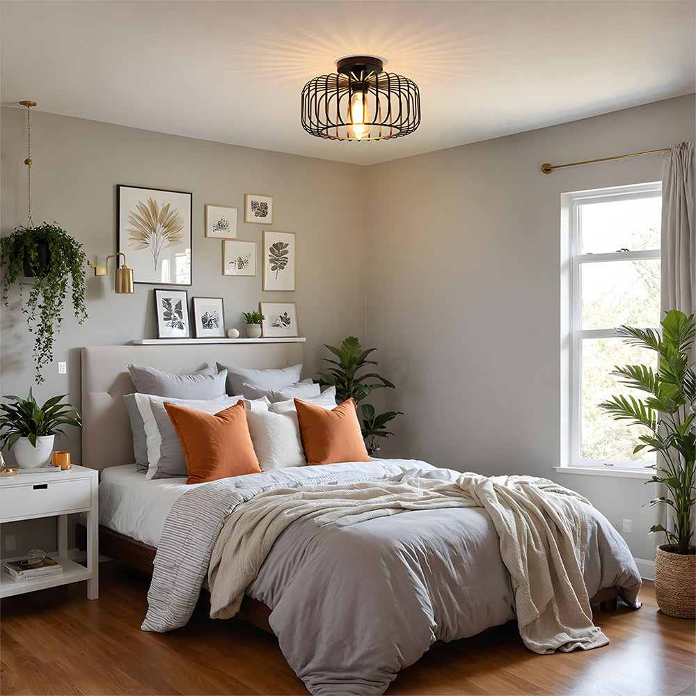 Industrial Black Semi Flush Ceiling Light Fixture, Metal Cage Lampshade Ceiling Hall Lighting