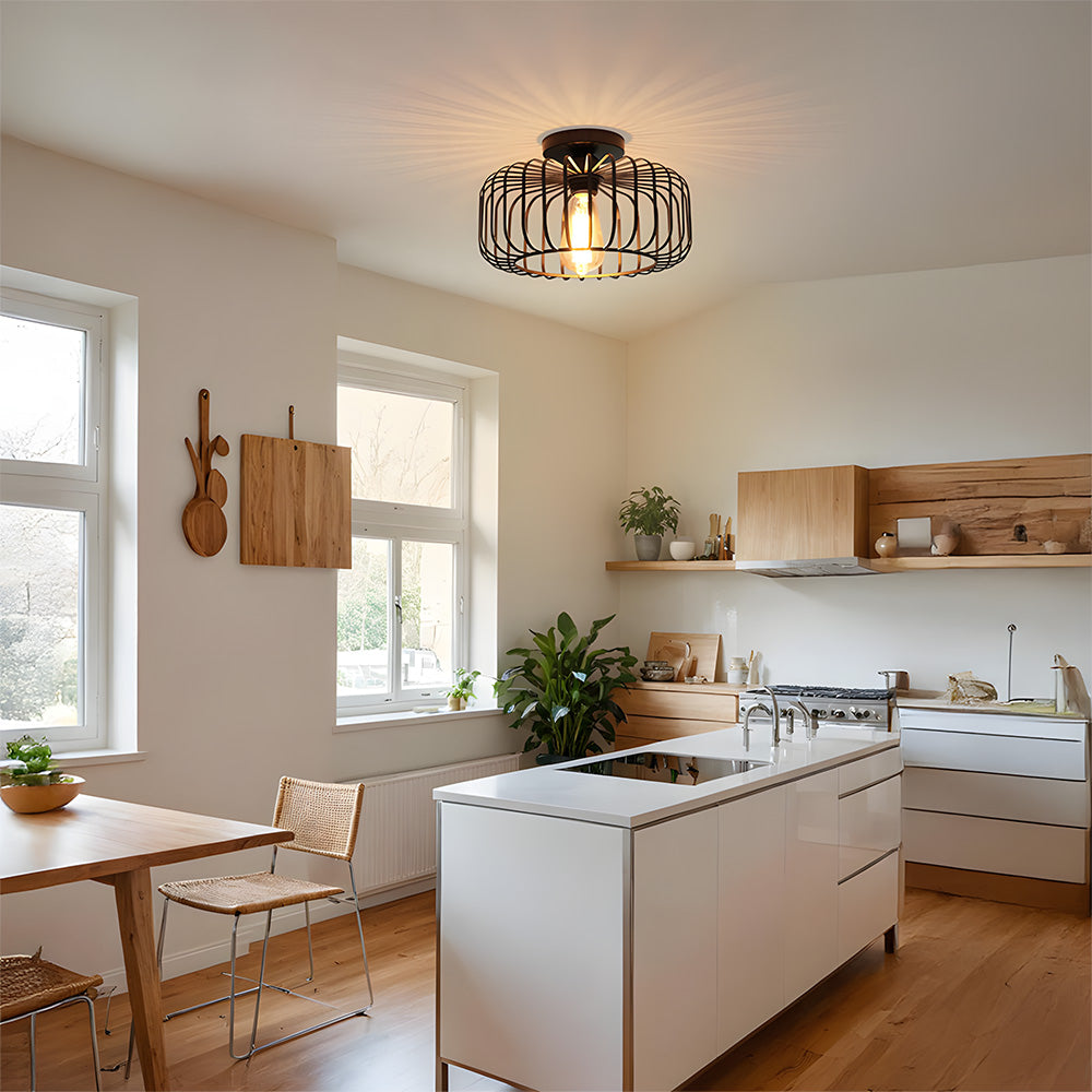 Industrial Black Semi Flush Ceiling Light Fixture, Metal Cage Lampshade Ceiling Hall Lighting