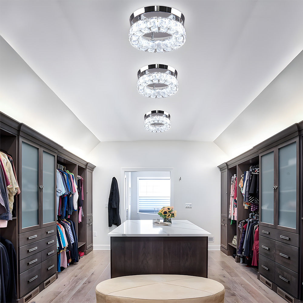Circular Crystal Stainless Steel LED Flush Ceiling Light for Hallway