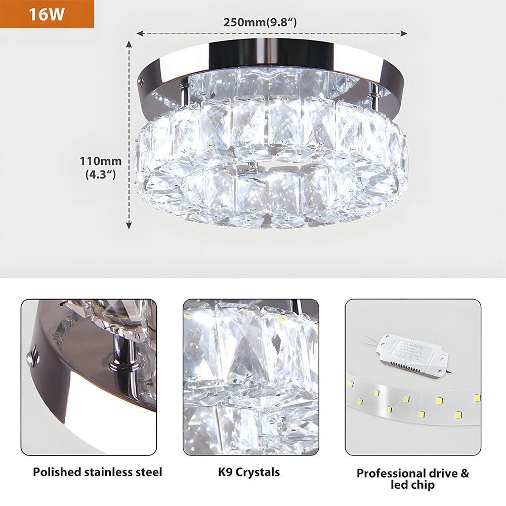 Circular Crystal Stainless Steel LED Flush Ceiling Light for Hallway
