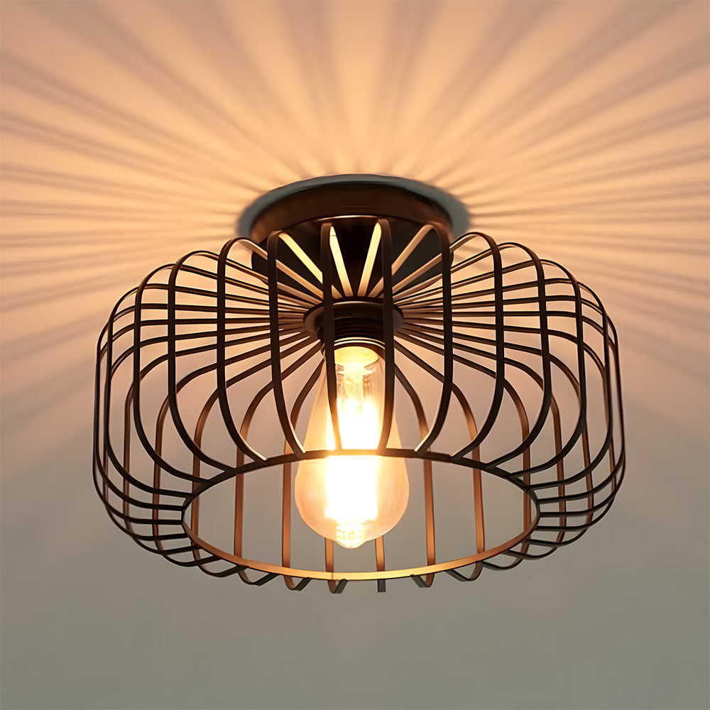Industrial Black Semi Flush Ceiling Light Fixture, Metal Cage Lampshade Ceiling Hall Lighting