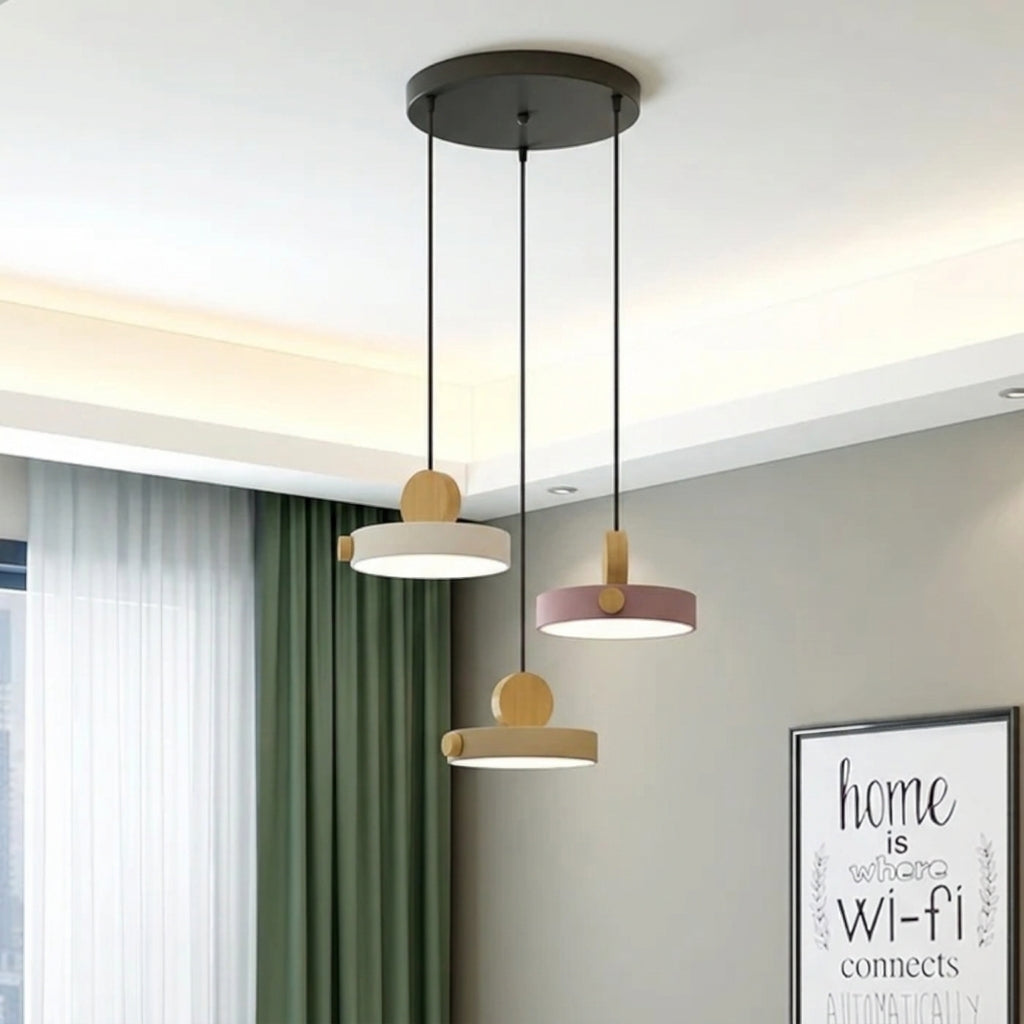 Nordic Circular Disc Iron & Wood Pendant Lights for Dining Area