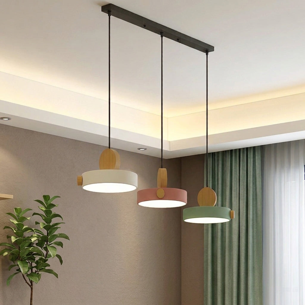 Nordic Circular Disc Iron & Wood Pendant Lights for Dining Area