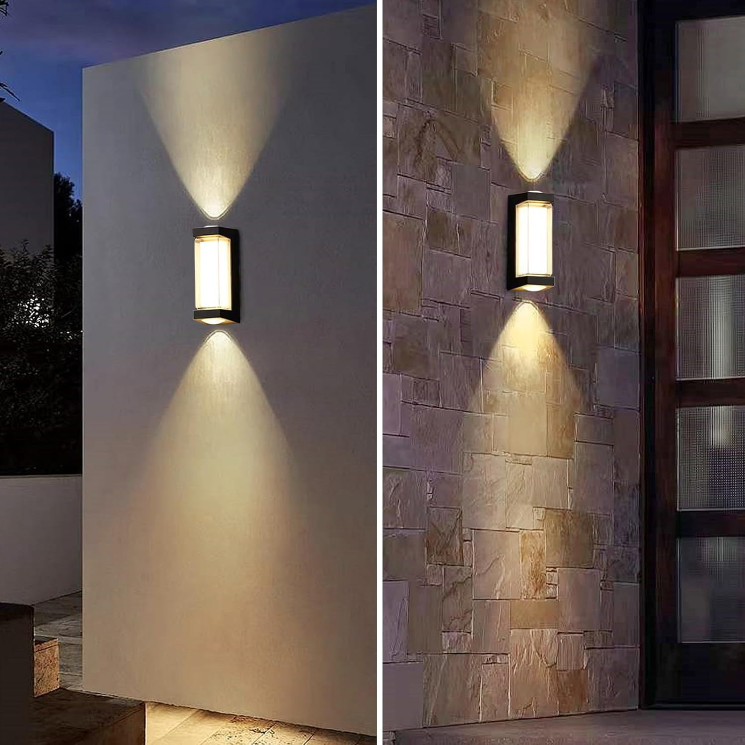 Outdoor wall lights on a white wall and stone wall