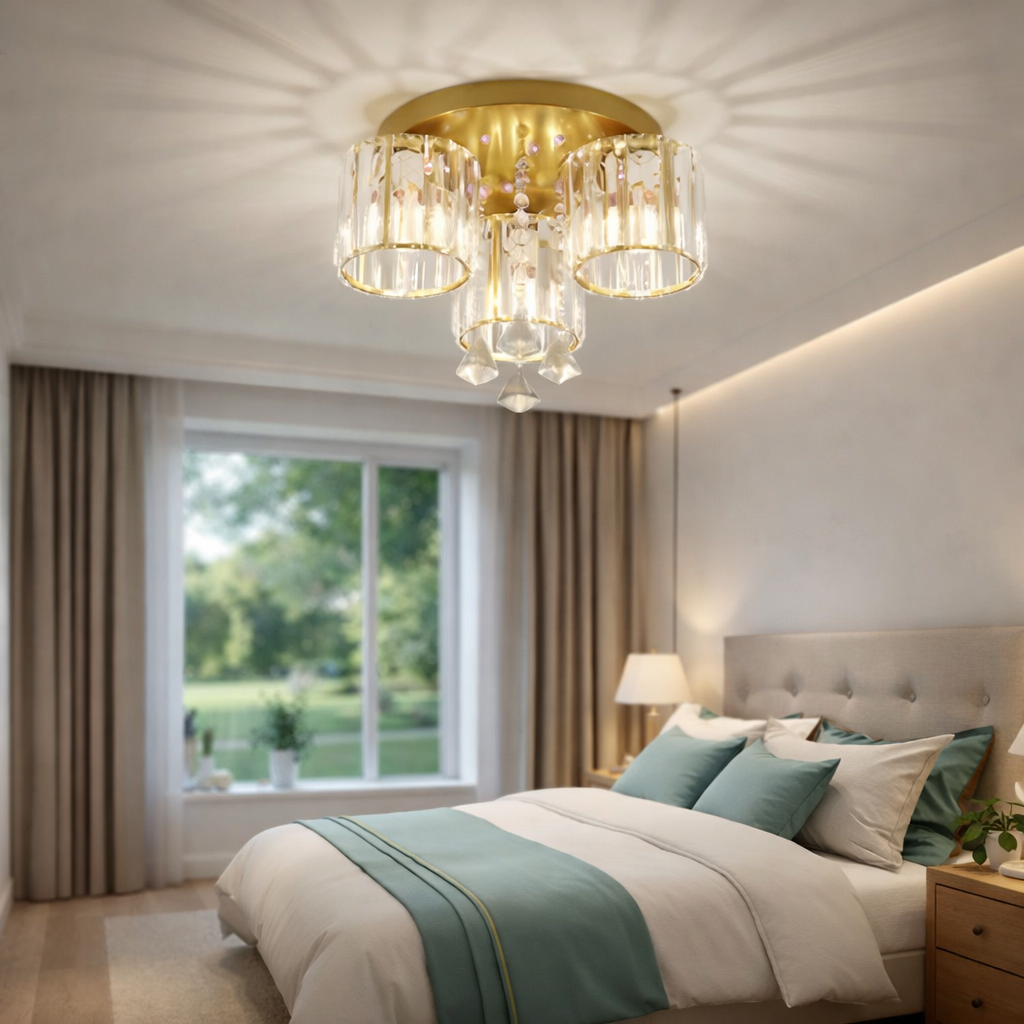 Modern bedroom with a gold ceiling light fixture, bed with green and white bedding, and large window.
