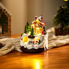 Warm Village House Resin Christmas Lightings With Music Box And Motorized Train