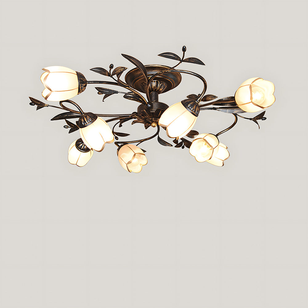 Traditional Floral Semi Flush Mount Glass Ceiling Lights for Bedroom