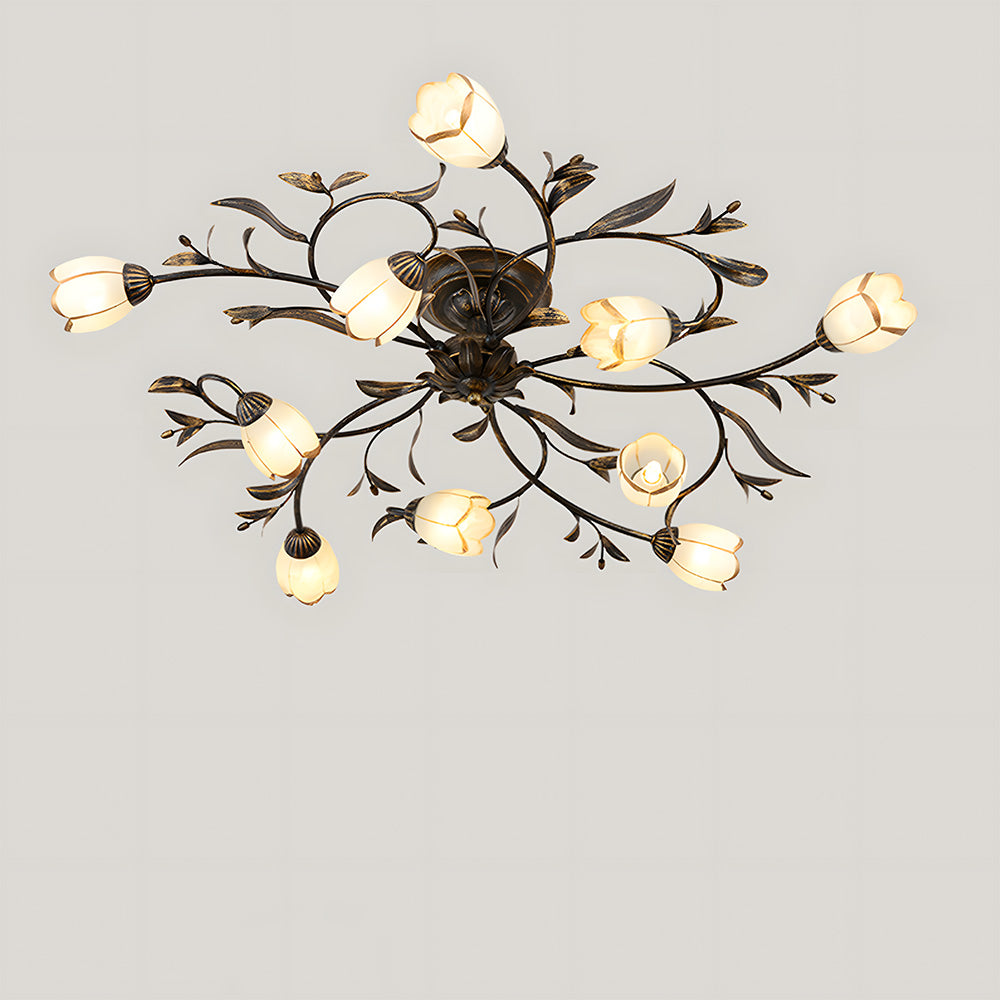 Traditional Floral Semi Flush Mount Glass Ceiling Lights for Bedroom