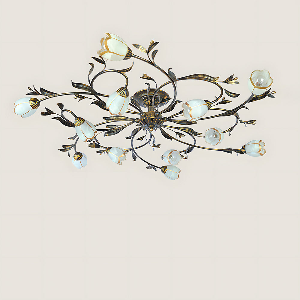 Traditional Floral Semi Flush Mount Glass Ceiling Lights for Bedroom