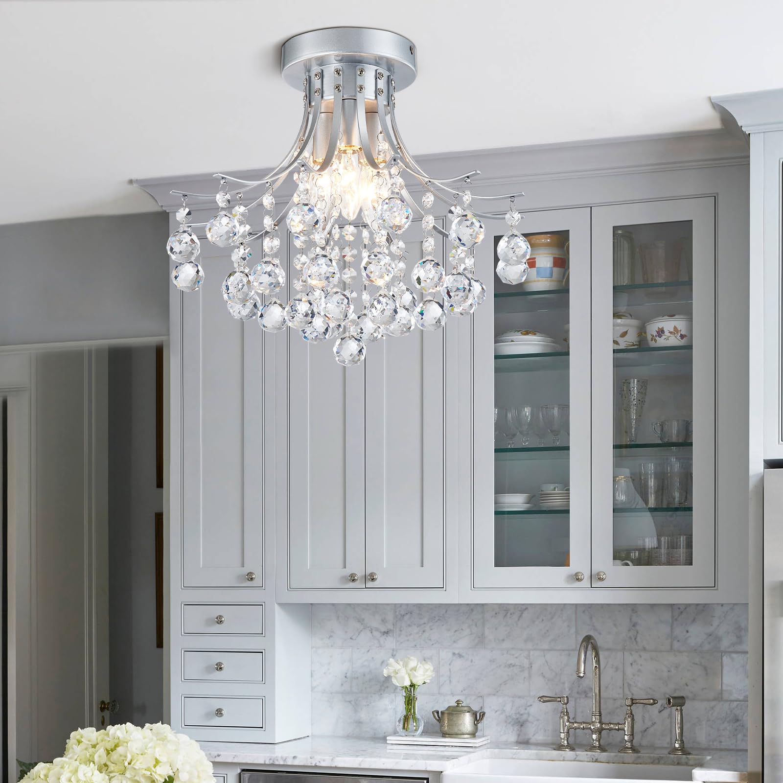 Silver Crystal Bouquet Semi-Flush Ceiling Light for Hallway