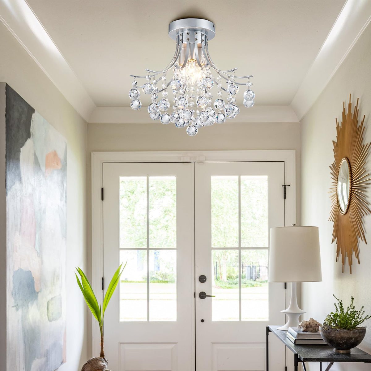 Silver Crystal Bouquet Semi-Flush Ceiling Light for Hallway
