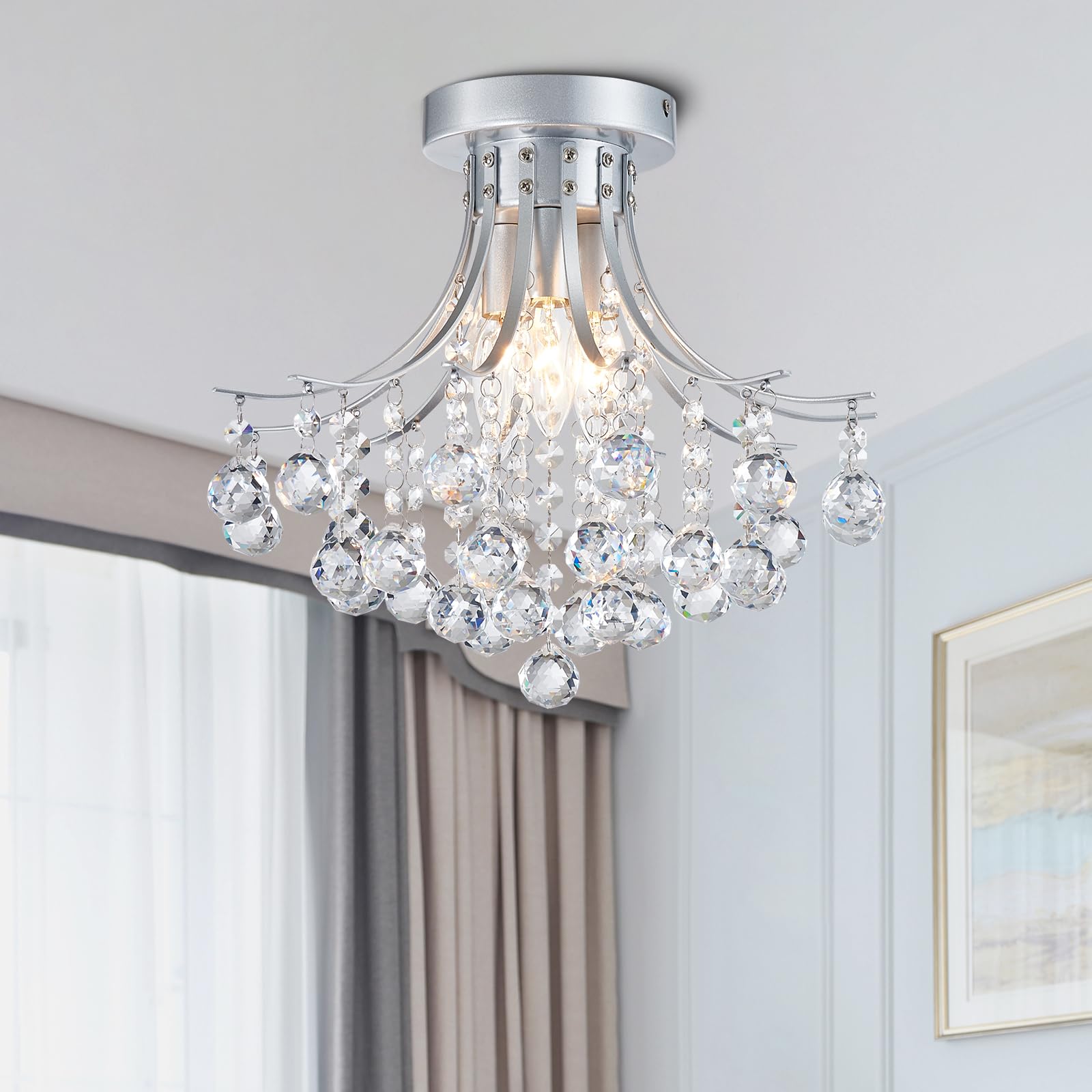 Silver Crystal Bouquet Semi-Flush Ceiling Light for Hallway