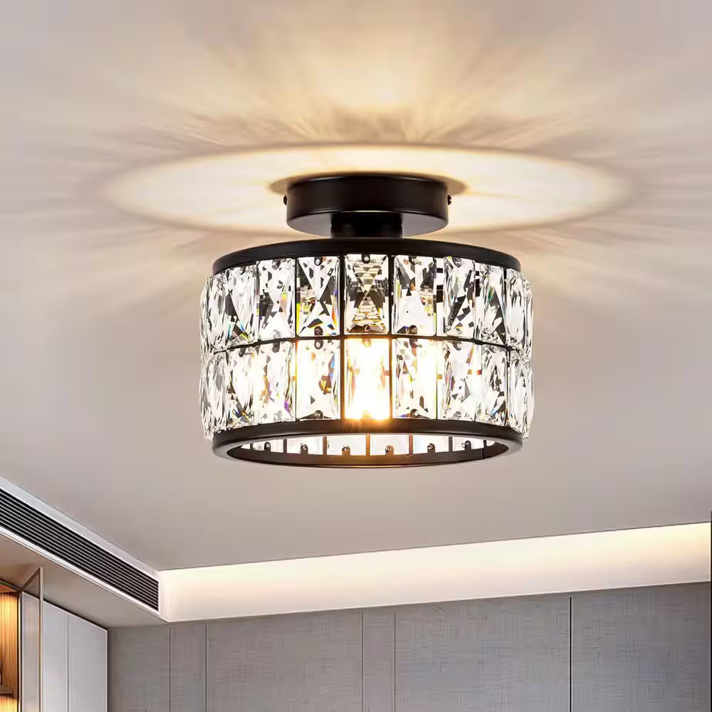 Cylindrical Iron Crystal Semi-Flush Ceiling Light for Entryway Bedroom
