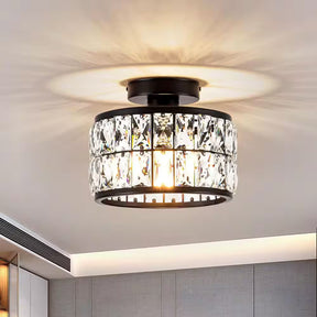 Cylindrical Iron Crystal Semi-Flush Ceiling Light for Entryway Bedroom