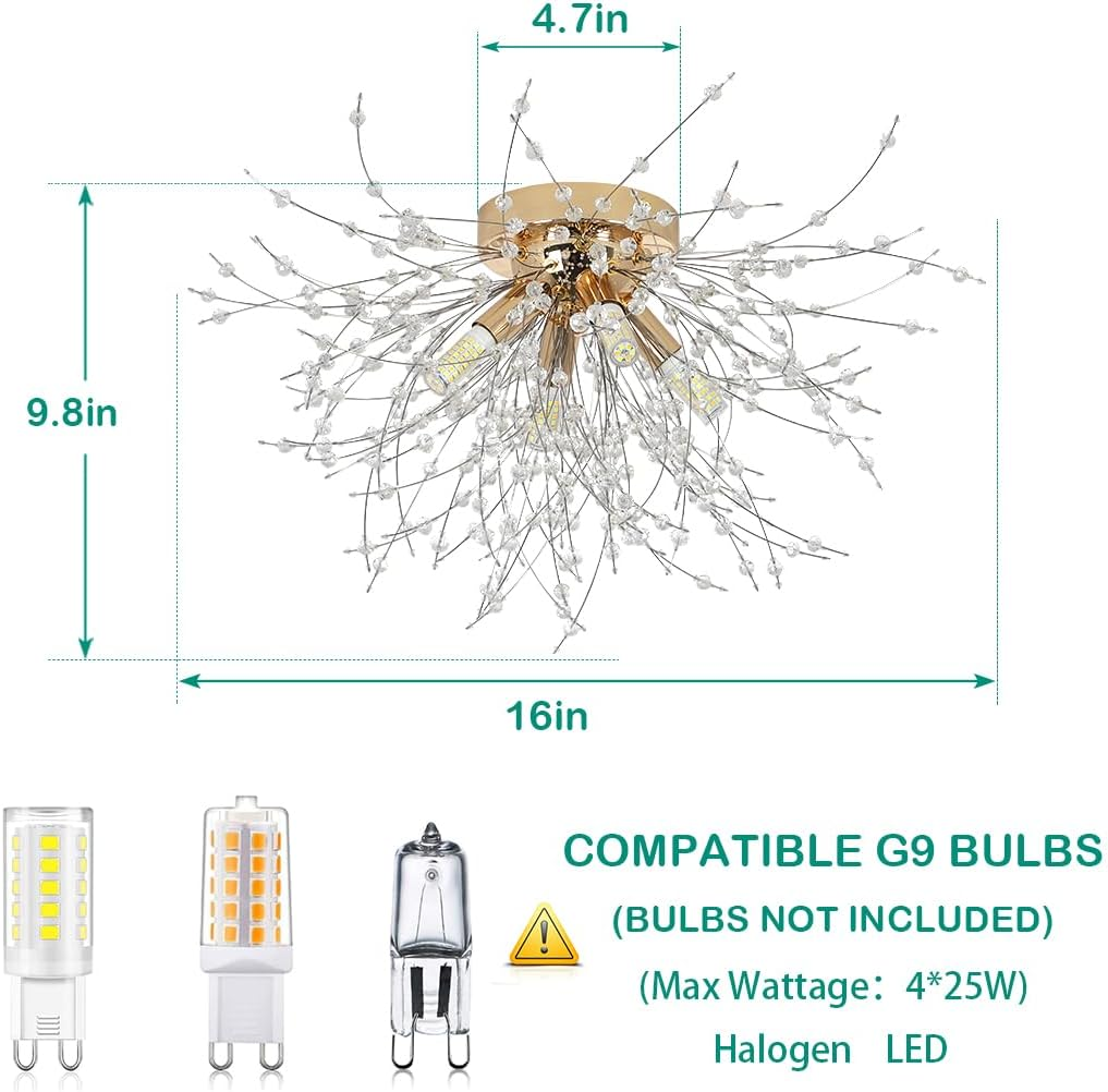 Crystal Flush Mount Chandelier Ceiling Light for Bedrooms, Kitchens, Islands, Corridor