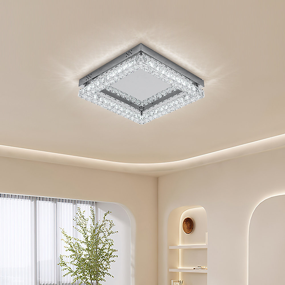 Square Crystal Ceiling Light - Chrome LED Flush Ceiling Lamp for Living Room, Bedroom