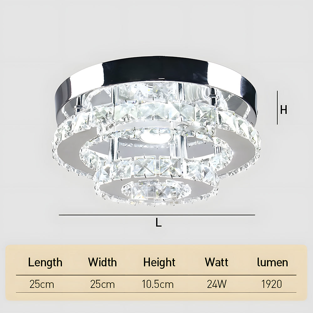 2 Layers Round LED Crystal Silver Ceiling Light for Hallway Kitchen