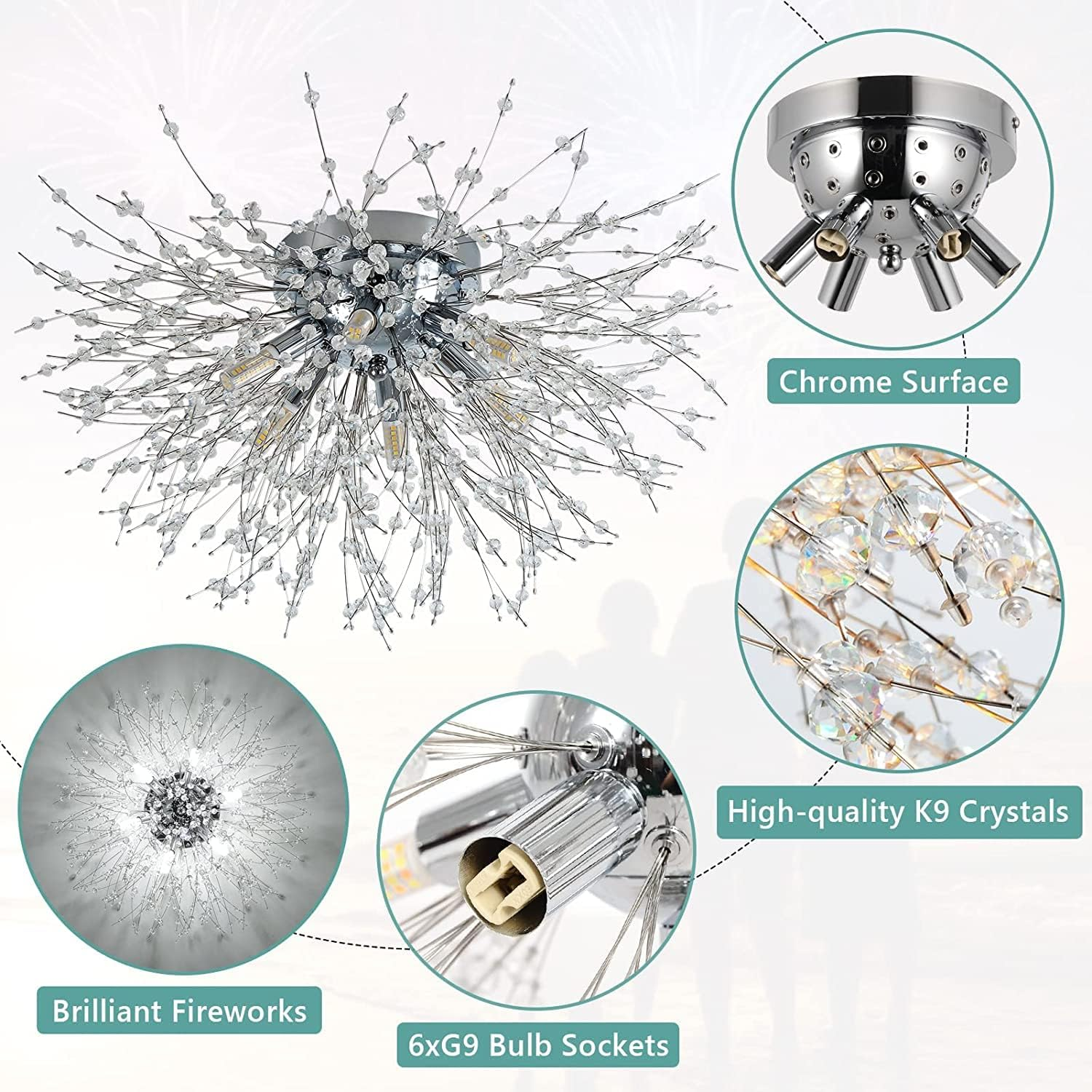 Crystal Flush Mount Chandelier Ceiling Light for Bedrooms, Kitchens, Islands, Corridor