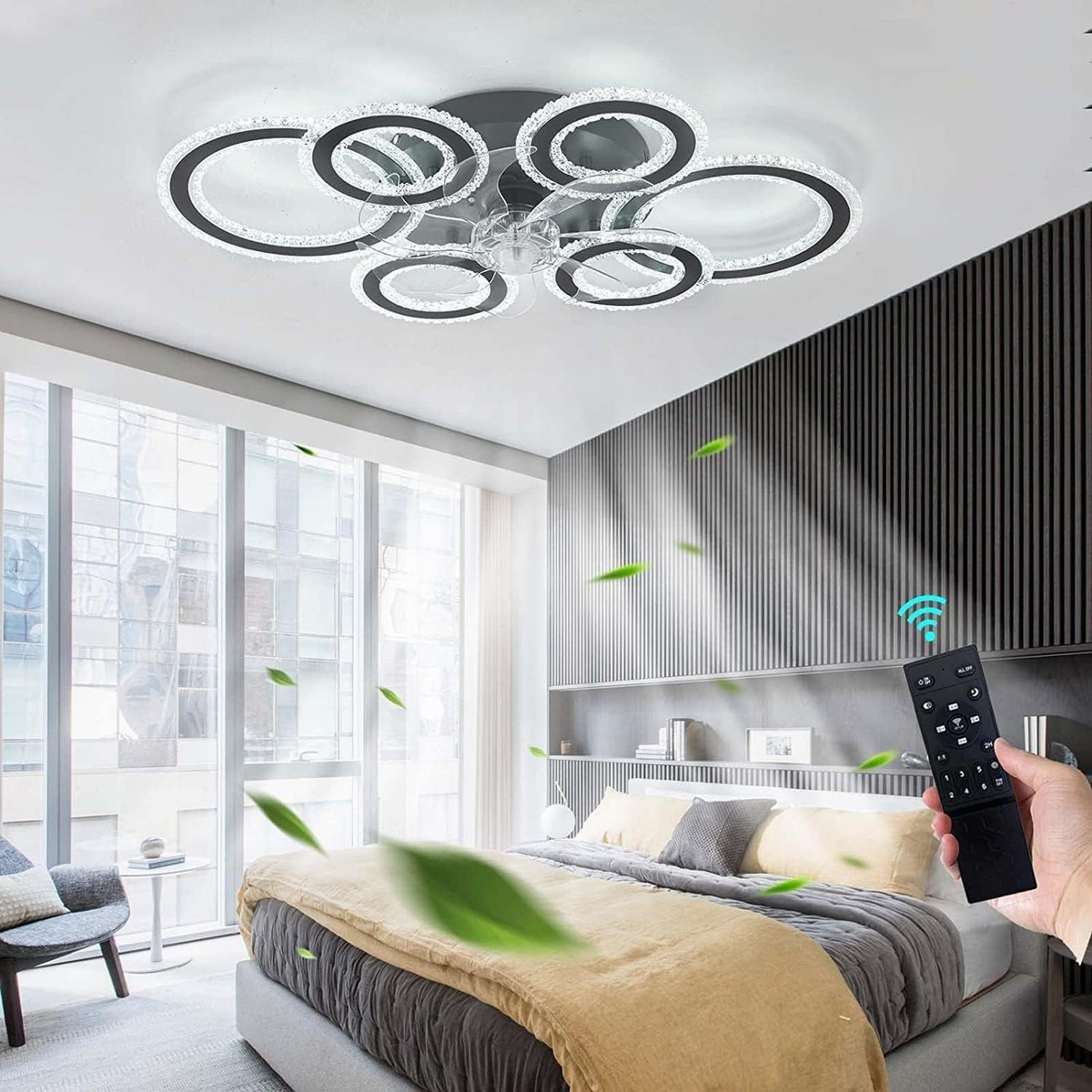 Modern Dimmable DC Motor LED Ceiling Fan with Light for Living Room Bedroom