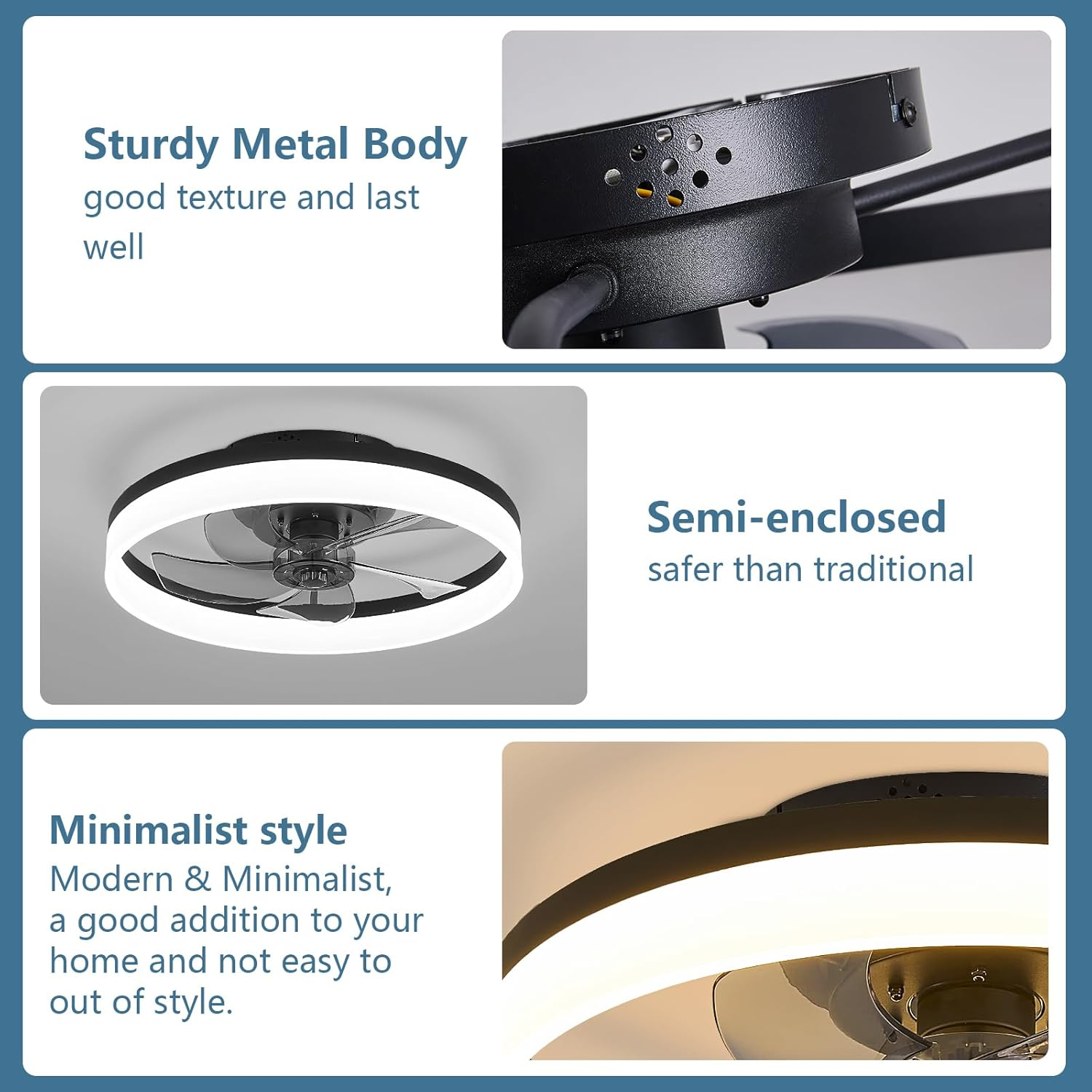 Modern Low Profile Ceiling Fan with Light 6 Speeds Reversible DC Motor Fan Light