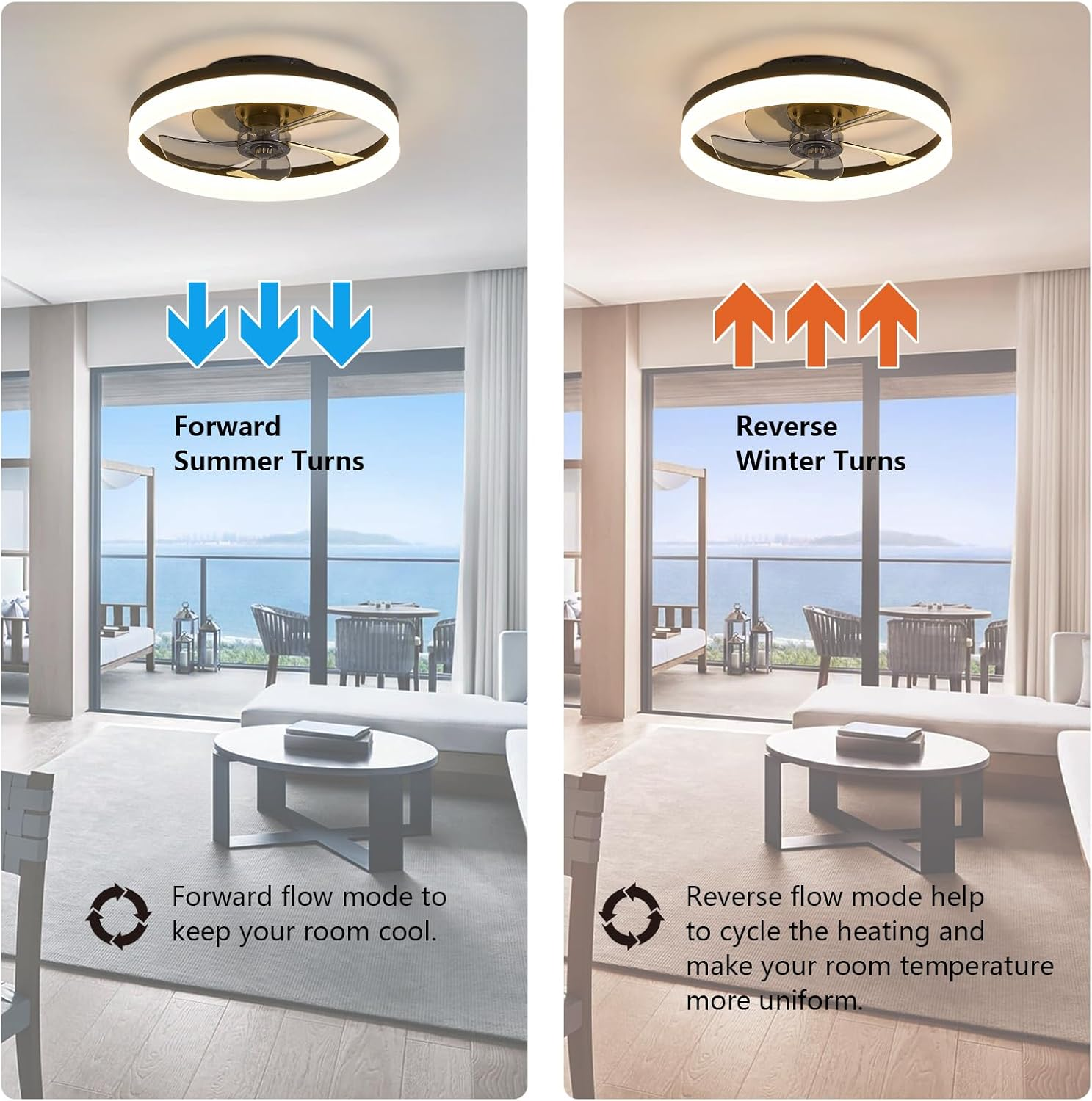 Modern Low Profile Ceiling Fan with Light 6 Speeds Reversible DC Motor Fan Light