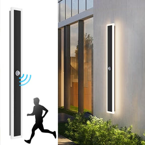 Modern outdoor wall lights with motion sensor on a building exterior.