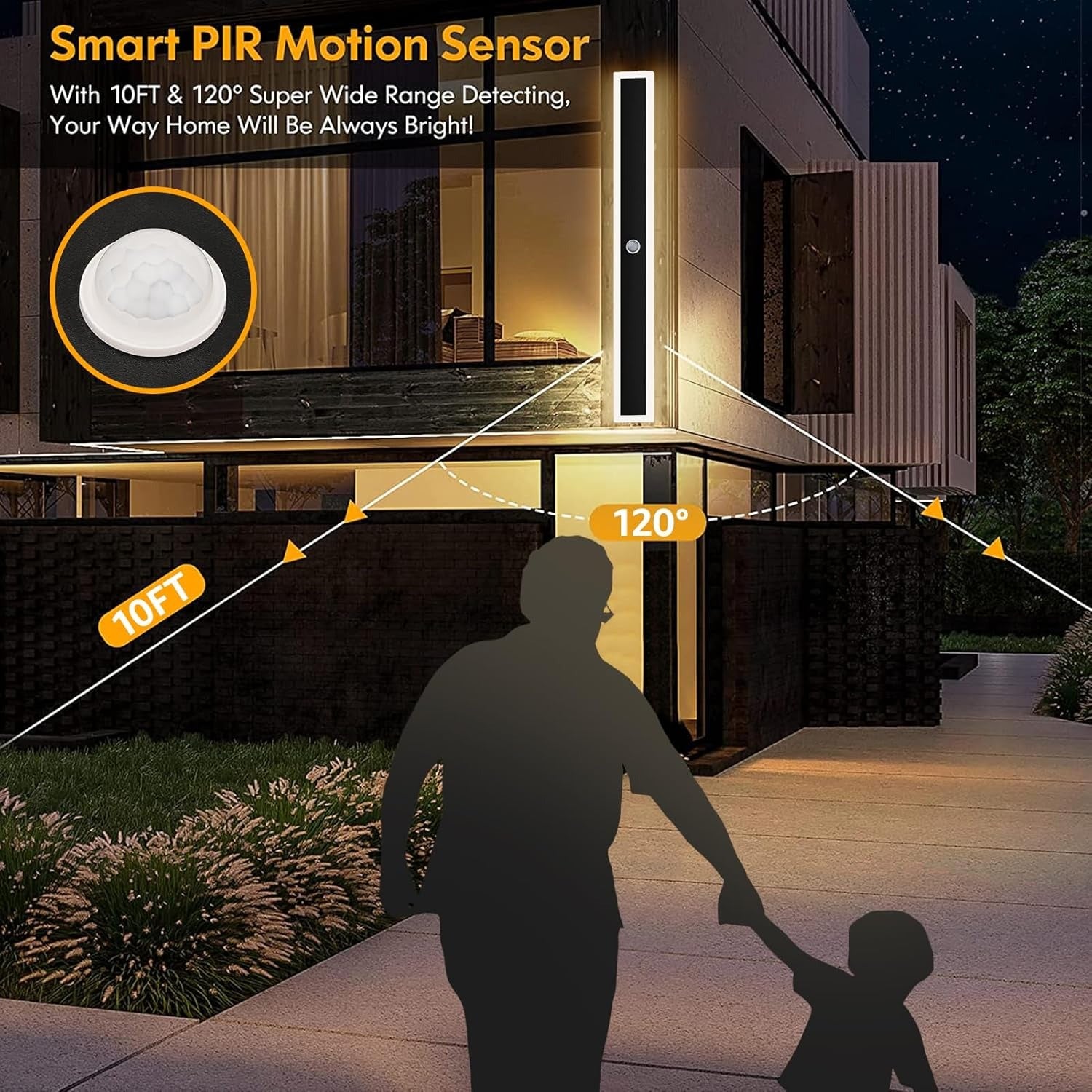 Smart PIR motion sensor with wide range detection shown in a home exterior setting.