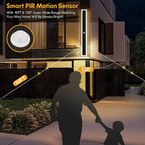 Smart PIR motion sensor with wide range detection shown in a home exterior setting.
