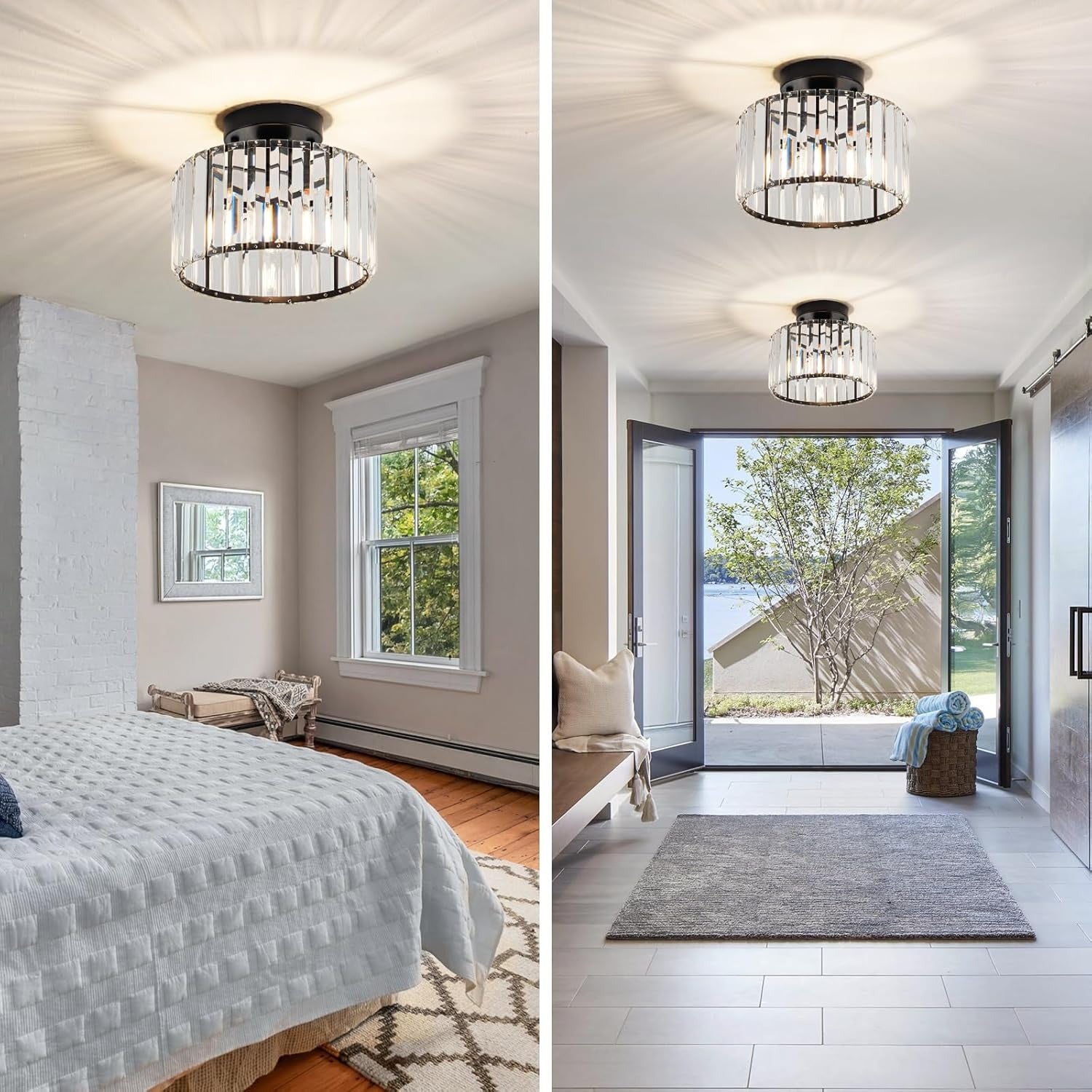 Two views of a bedroom with a chandelier, one showing a bed and the other a large window.