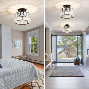 Two views of a bedroom with a chandelier, one showing a bed and the other a large window.