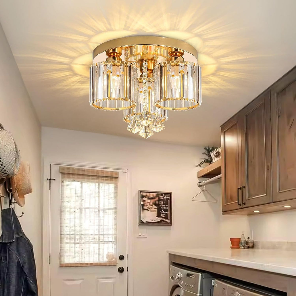 Crystal Modern Ceiling Light with Cylinder Crystal Shade for Living Room