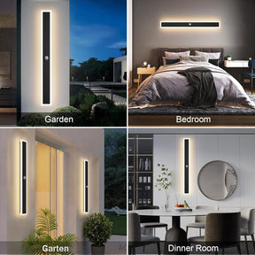 Collage of a modern wall-mounted light fixture in various settings including garden, bedroom, and dining room.