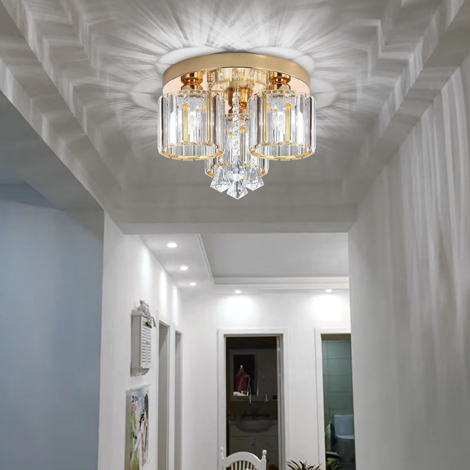 Crystal Modern Ceiling Light with Cylinder Crystal Shade for Living Room